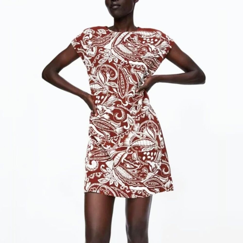 NWT ZARA Basic Embroidered Knit Sheath Dress (L) in Burnt Brick & White Paisley